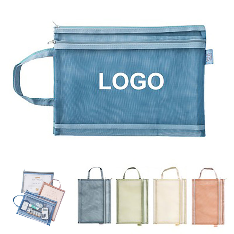 A4 Zipper Nylon Mesh Double Layer Document Folder File Bag