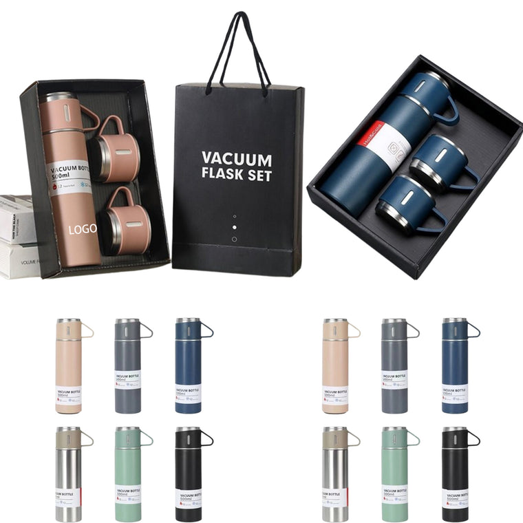 Double-Wall Stainless Steel Vacuum Flask Gift Set W/3 Lids
