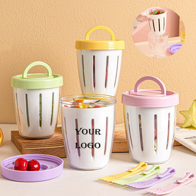 Double-Layer Drain Sealed Fuit&Salad Storage Cup With Fork