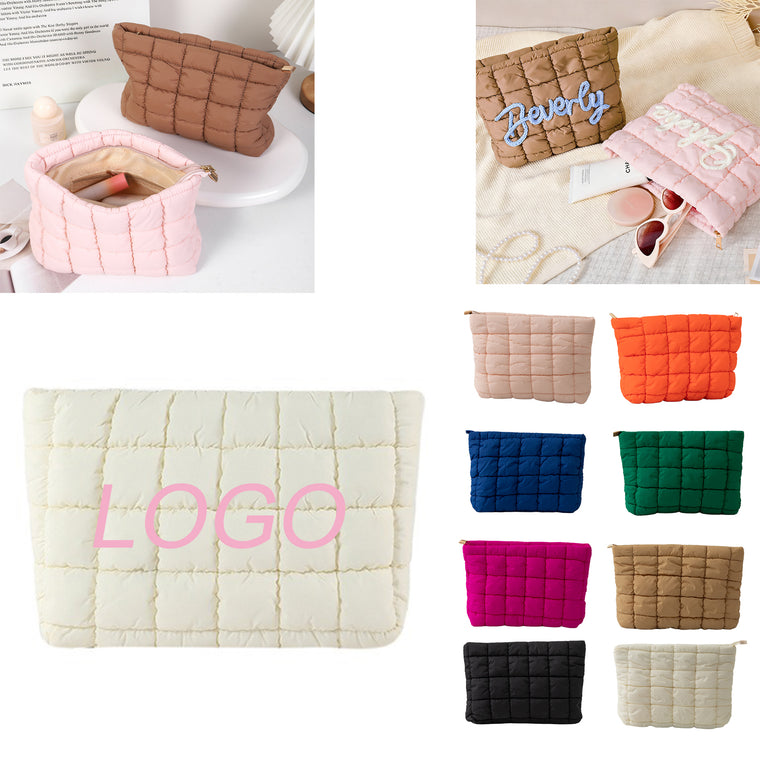 3D Yarn-Embroidered Logo Puffy Quilted Makeup Bag
