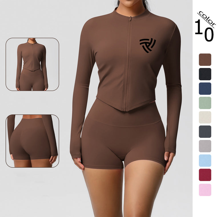 Zip-Up Yoga Jacket with Thumb Holes and Shorts