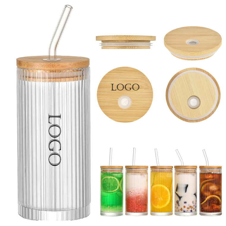 12Oz Ribbed Glass Tumbler With Bamboo Lid And Straw