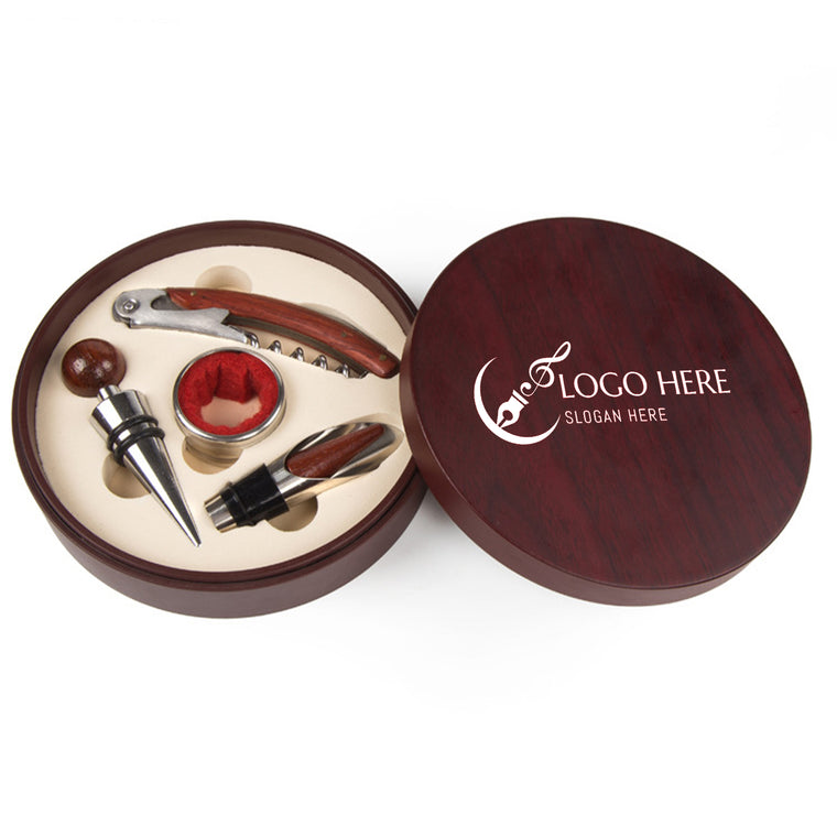 4 - Piece Wine Tool Set in Round Redwood Box
