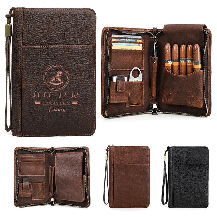 Multi - Function Genuine Leather Cigar Case with Wrist Band