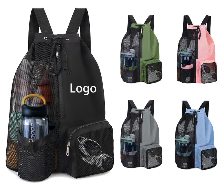Swim Drawstring Backpack Mesh Bag With Wet Dry Compartments