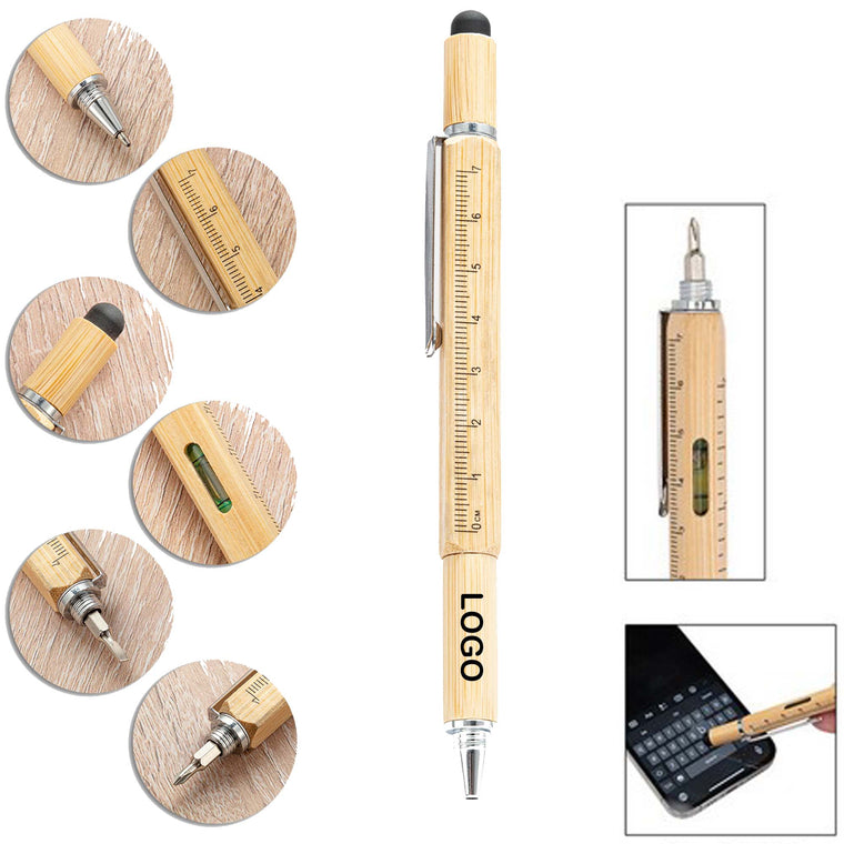 6 In 1 Multifunctional Bamboo Tool Stylus Pen