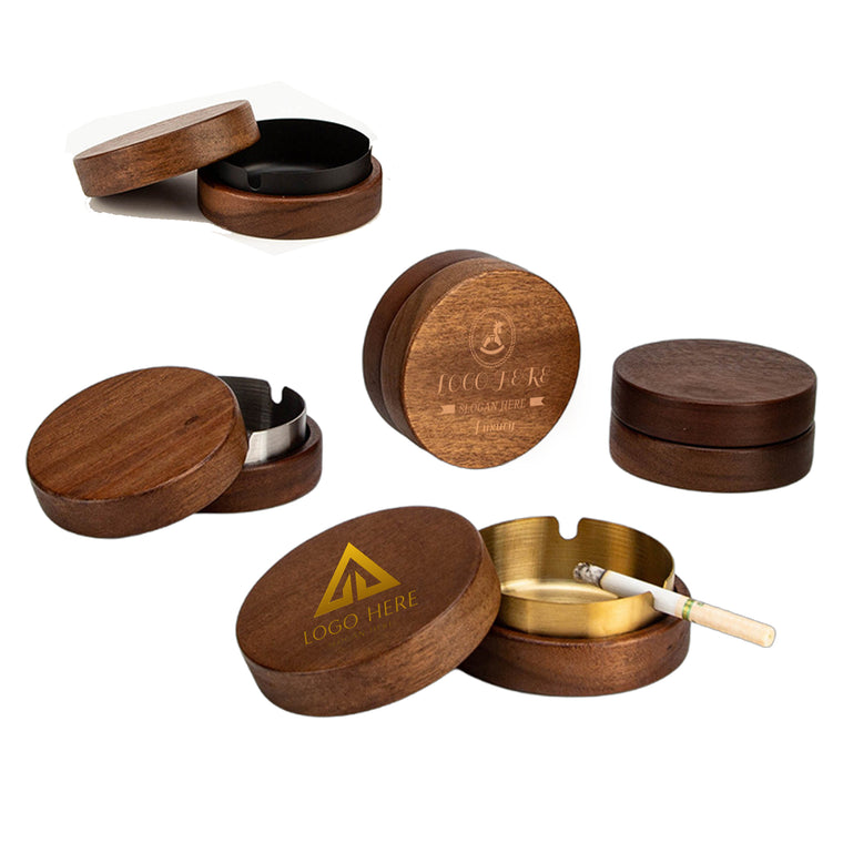 Solid Wood Round Ashtray with Lid
