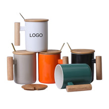 12OZ Flat Bottom Ceramic Mug With Wooden Lid & Wooden Handle