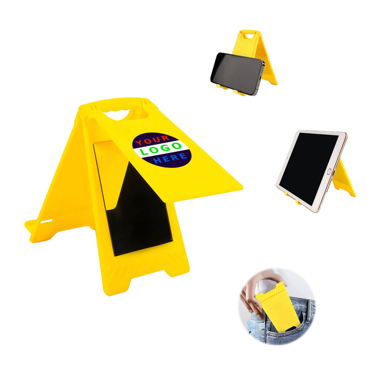 Warning Sign-Shaped Cell Phone Stand with Built-in Mirror