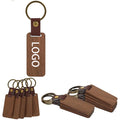 Rectangular Wooden Keychain W/ Leather Strap