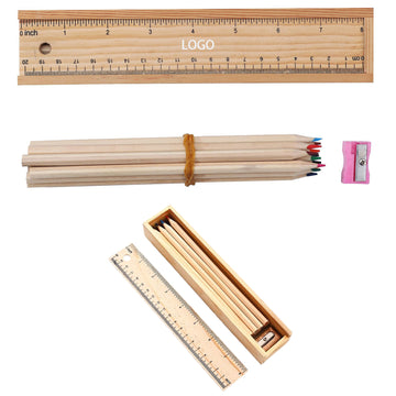Wooden Stationery Set W/12 Colored Pencils Sharpener & Ruler