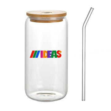 16 Oz Can Shaped Glass Cup With Bamboo Lids And Glass Straw