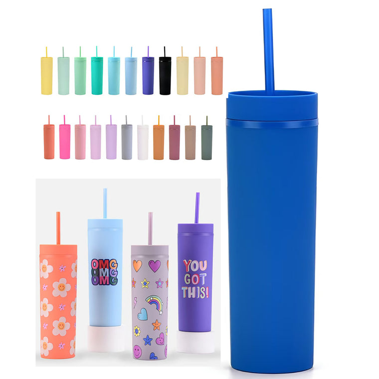 16Oz Skinny Double Wall Acrylic Tumblers With Straws