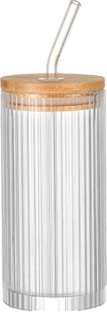 12Oz Ribbed Glass Tumbler With Bamboo Lid And Straw