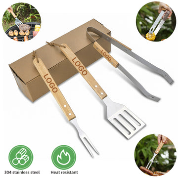 3-Piece Wood Handle BBQ Grill Tool Set