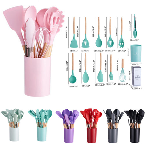 12-Piece Non-Stick Silicone Kitchen Set With Wooden Handles