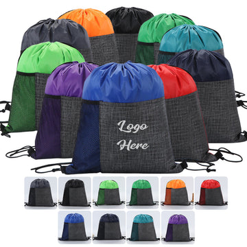 Drawstring Backpack With Front Pocket And Mesh Side Storage