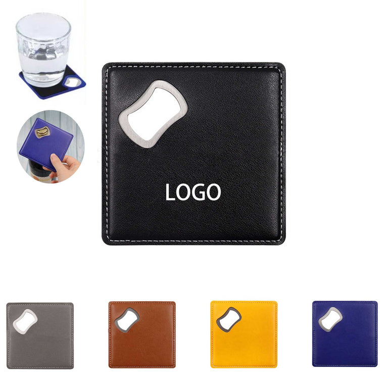 2 in 1 Square Leather Coaster Bottle Opener