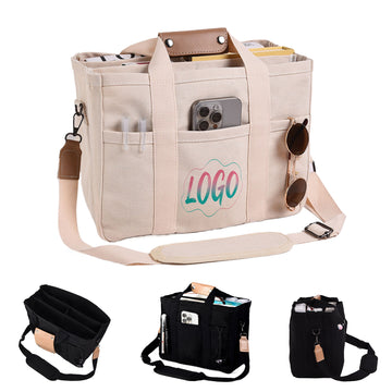 Multi-Pocket Canvas Tote With Crossbody Strap
