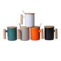 12OZ Flat Bottom Ceramic Mug With Wooden Lid & Wooden Handle