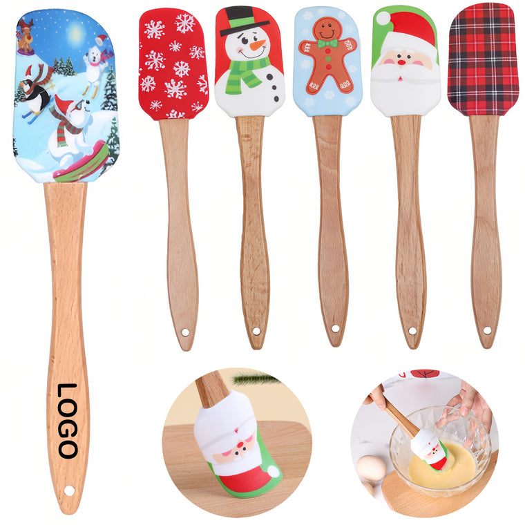 Christmas Silicone Spatula with Long Wooden Handle