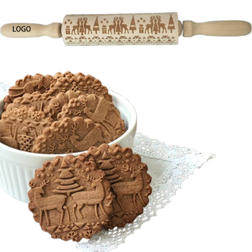 Christmas Embossed Wooden Rolling Pin For Baking Cookies