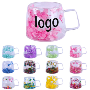 Double Walled Dried Flowers Glass Cups With Handle