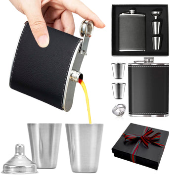 8 Oz Leather Wrap Flask Gift Set With 2 Cups & 1 Funnel