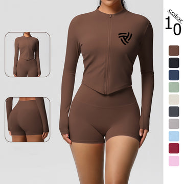 Zip-Up Yoga Jacket with Thumb Holes and Shorts