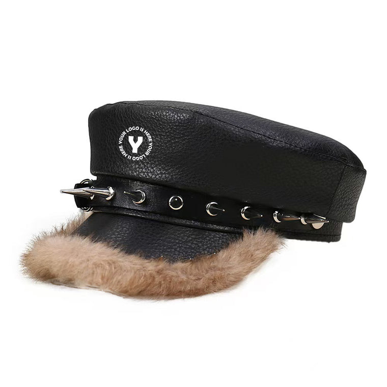Flat Top Spiked Military Leather Cap