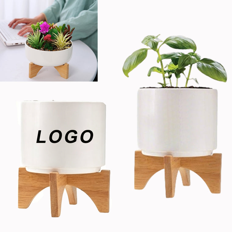 Mid Century Plant Pot With Wooden Stand Ceramic Planters