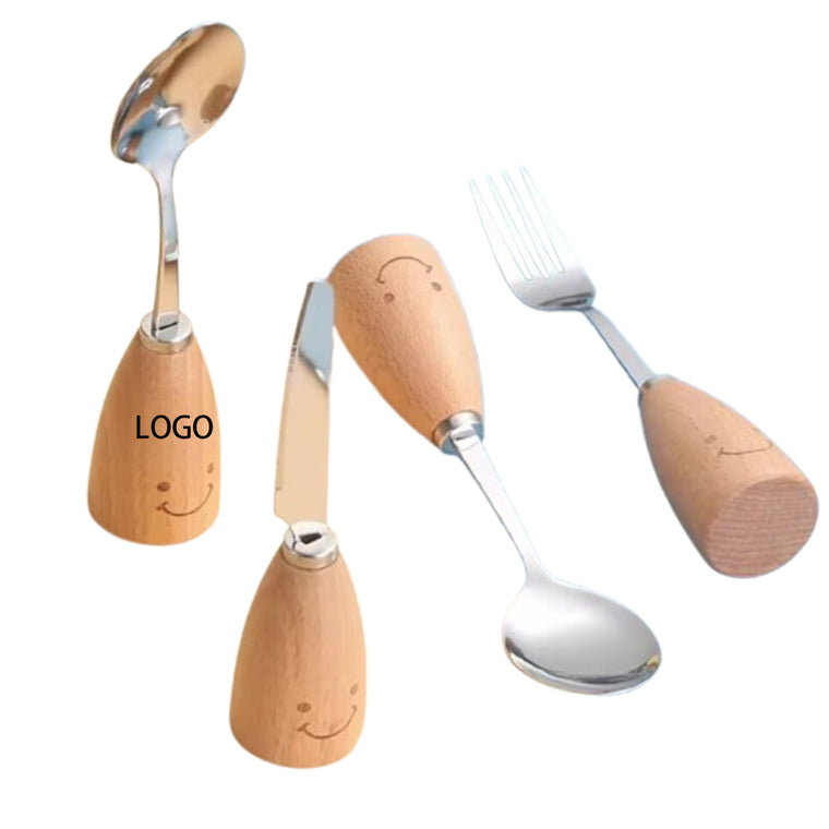 Stainless Steel Kids Tableware With Standing Wooden Handle