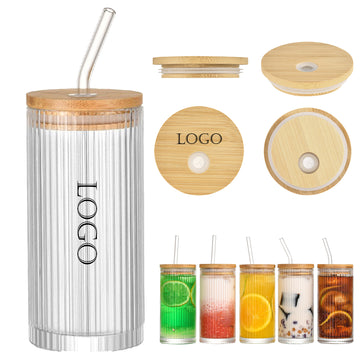12Oz Ribbed Glass Tumbler With Bamboo Lid And Straw