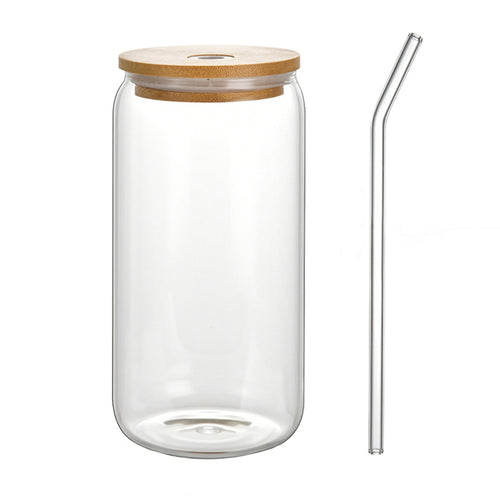 16 Oz Can Shaped Glass Cup With Bamboo Lids And Glass Straw