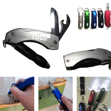 4 In 1 Keychain With Pen, Led, Opener And Knife