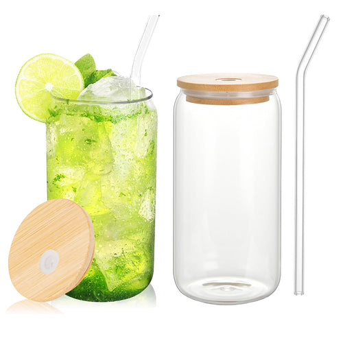16oz Beer Can Shaped Glasses With Straw & Bamboo Lid