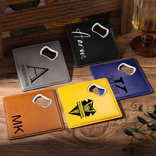2 in 1 Square Leather Coaster Bottle Opener