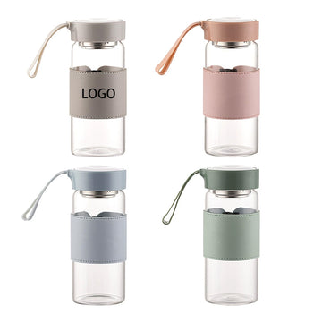 16OZ Glass Water Bottle W/ Tea Filter And Leather Sleeve