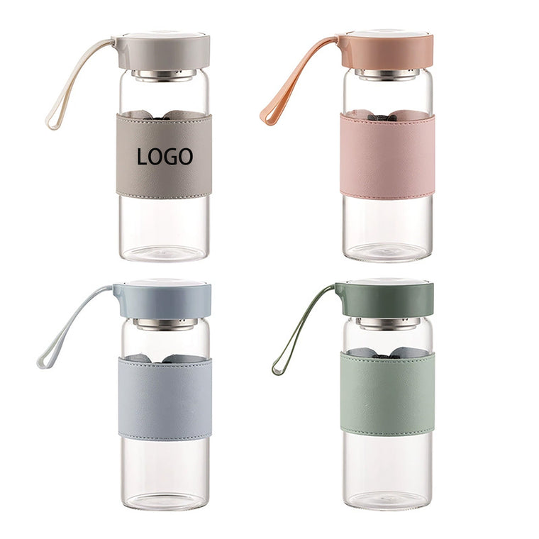 16OZ Glass Water Bottle W/ Tea Filter And Leather Sleeve