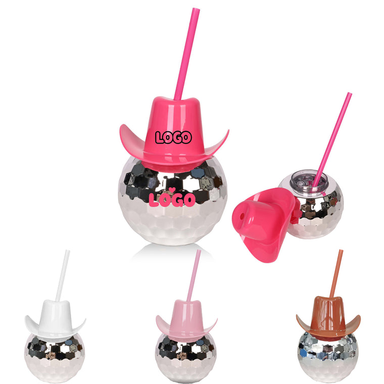 20Oz. Disco Ball Cup W/ Cowboy Hat & Straw