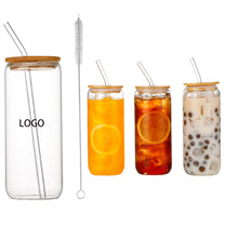16OZ Can Shaped Drinking Glasses W/ Bamboo Lid & Glass Straw