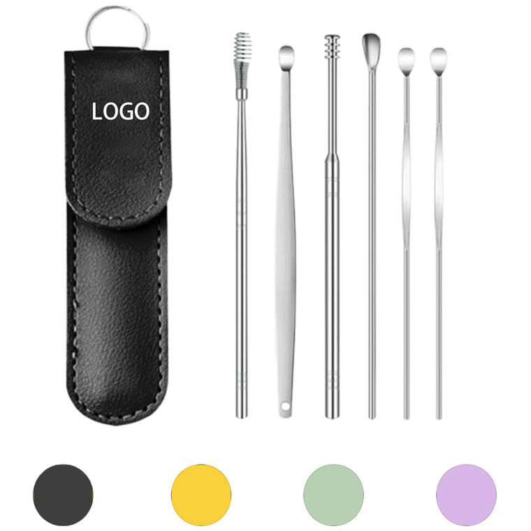 6Pcs Portable Stainless Steel Ear Scoop Set W/ Lether Bag