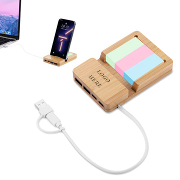 Wood Multi-Port Hub With Phone Stand & Sticky Notes