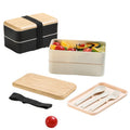 2 Layers Compartment Lunch Bento Box W/ Bamboo Lid & Cutlery