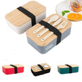 Portable Bento Lunch Box W/Tableware Set Natural Bamboo Lid