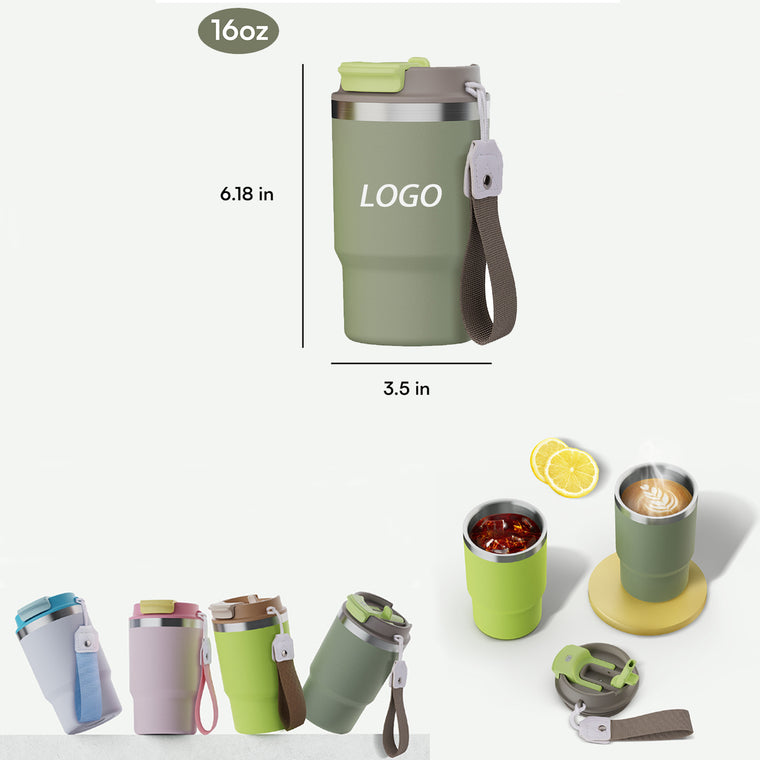 16 Oz. Stainless Steel Coffee Tumbler w/Carrying Strap