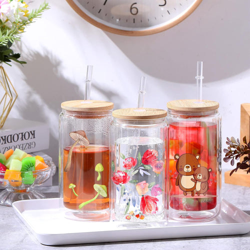 16Oz Double Walled Glass Tumblers With Bamboo Lid