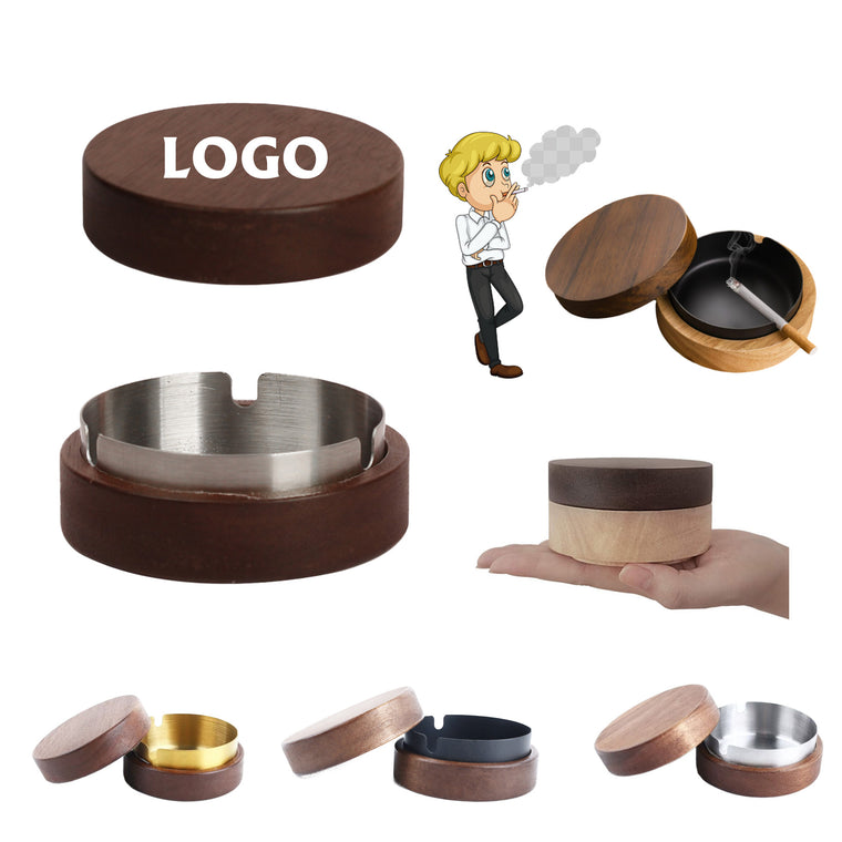 Stainless Steel Ashtray With Solid Wood Lid