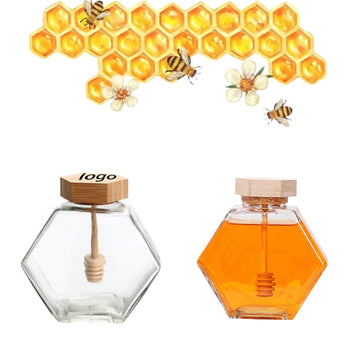 Hexagon Shape Glass Honey Jars With Wooden Dipper And Lid